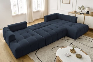 Canapé d'angle gauche panoramique convertible Fugi - Bleu foncé - 5 places - Tissu toucher lisse - Couchage 324 x 135 cm
