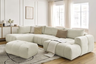 Canapé d'angle droit panoramique convertible et pouf Fugi - Beige - 5 places - Tissu toucher lisse - Couchage 324 x 135 cm