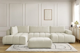 Canapé d'angle droit panoramique convertible et pouf Fugi - Beige - 5 places - Tissu toucher lisse - Couchage 324 x 135 cm