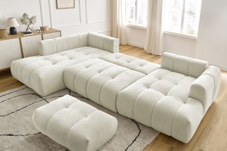 Canapé d'angle droit panoramique convertible et pouf Fugi - Beige - 5 places - Tissu toucher lisse - Couchage 324 x 135 cm