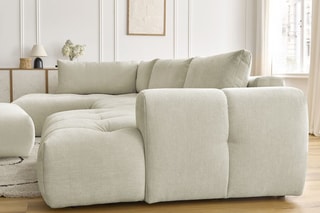 Canapé d'angle droit panoramique convertible et pouf Fugi - Beige - 5 places - Tissu toucher lisse - Couchage 324 x 135 cm