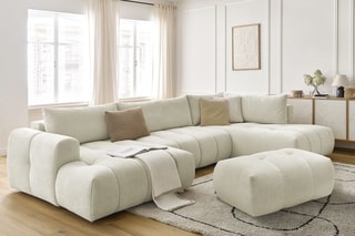 Canapé d'angle gauche panoramique convertible et pouf Fugi - Beige - 5 places - Tissu toucher lisse - Couchage 324 x 135 cm