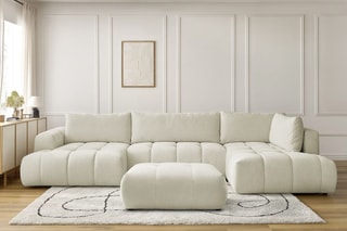 Canapé d'angle gauche panoramique convertible et pouf Fugi - Beige - 5 places - Tissu toucher lisse - Couchage 324 x 135 cm