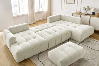 Canapé d'angle gauche panoramique convertible et pouf Fugi - Beige - 5 places - Tissu toucher lisse - Couchage 324 x 135 cm
