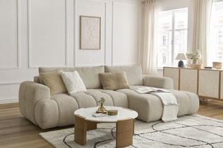 Canapé d'angle droit convertible Fuji - Beige - 3 places - Tissu bouclette - Couchage 154 x 228 cm