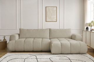 Canapé d'angle droit convertible Fuji - Beige - 3 places - Tissu bouclette - Couchage 154 x 228 cm