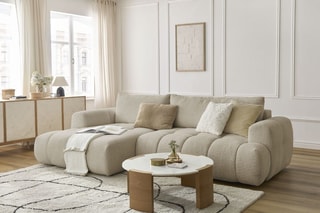 Canapé d'angle gauche convertible Fuji - Beige - 3 places - Tissu bouclette - Couchage 154 x 228 cm