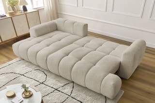 Canapé d'angle gauche convertible Fuji - Beige - 3 places - Tissu bouclette - Couchage 154 x 228 cm
