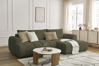 Canapé d'angle droit convertible Fuji - Vert - 3 places - Tissu bouclette - Couchage 154 x 228 cm