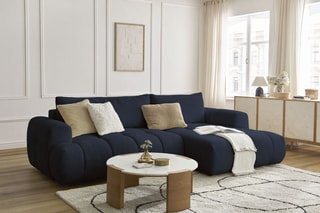 Canapé d'angle droit convertible Fuji - Bleu foncé - 3 places - Tissu bouclette - Couchage 154 x 228 cm