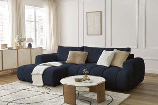 Canapé d'angle gauche convertible Fuji - Bleu foncé - 3 places - Tissu bouclette - Couchage 154 x 228 cm
