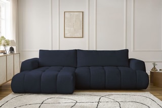 Canapé d'angle gauche convertible Fuji - Bleu foncé - 3 places - Tissu bouclette - Couchage 154 x 228 cm