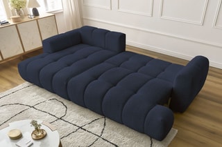 Canapé d'angle gauche convertible Fuji - Bleu foncé - 3 places - Tissu bouclette - Couchage 154 x 228 cm