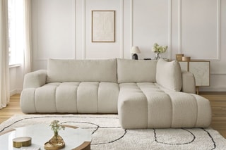 Canapé d'angle droit convertible Fuji - Beige - 3 places - Tissu bouclette - Couchage 154 x 228 cm