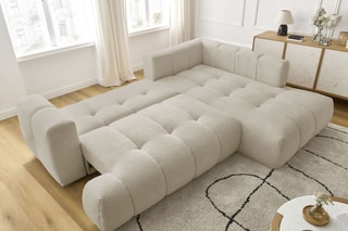 Canapé d'angle droit convertible Fuji - Beige - 3 places - Tissu bouclette - Couchage 154 x 228 cm