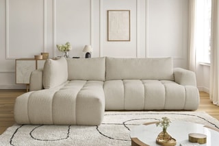 Canapé d'angle gauche convertible Fuji - Beige - 3 places - Tissu bouclette - Couchage 154 x 228 cm