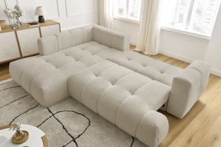 Canapé d'angle gauche convertible Fuji - Beige - 3 places - Tissu bouclette - Couchage 154 x 228 cm