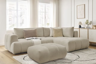 Canapé d'angle droit convertible et pouf Fuji - Beige - 3 places - Tissu bouclette - Couchage 154 x 228 cm