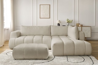 Canapé d'angle droit convertible et pouf Fuji - Beige - 3 places - Tissu bouclette - Couchage 154 x 228 cm