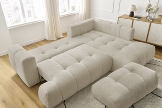 Canapé d'angle droit convertible et pouf Fuji - Beige - 3 places - Tissu bouclette - Couchage 154 x 228 cm