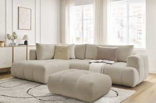 Canapé d'angle gauche convertible et pouf Fuji - Beige - 3 places - Tissu bouclette - Couchage 154 x 228 cm