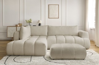 Canapé d'angle gauche convertible et pouf Fuji - Beige - 3 places - Tissu bouclette - Couchage 154 x 228 cm