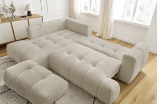 Canapé d'angle gauche convertible et pouf Fuji - Beige - 3 places - Tissu bouclette - Couchage 154 x 228 cm