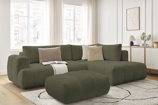 Canapé d'angle droit convertible et pouf Fuji - Vert - 3 places - Tissu bouclette - Couchage 154 x 228 cm