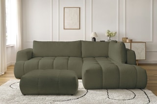 Canapé d'angle droit convertible et pouf Fuji - Vert - 3 places - Tissu bouclette - Couchage 154 x 228 cm