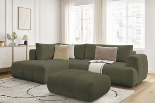 Canapé d'angle gauche convertible et pouf Fuji - Vert - 3 places - Tissu bouclette - Couchage 154 x 228 cm