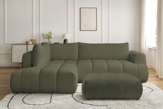 Canapé d'angle gauche convertible et pouf Fuji - Vert - 3 places - Tissu bouclette - Couchage 154 x 228 cm