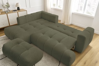 Canapé d'angle gauche convertible et pouf Fuji - Vert - 3 places - Tissu bouclette - Couchage 154 x 228 cm