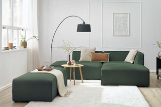 Canapé d'angle droit modulable avec 1 pouf Megève - Vert - 6 places