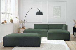 Canapé d'angle droit modulable avec 1 pouf Megève - Vert - 6 places