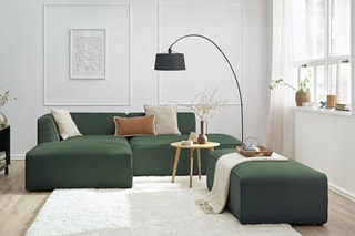 Canapé d'angle gauche modulable avec 1 pouf Megève - Vert - 6 places