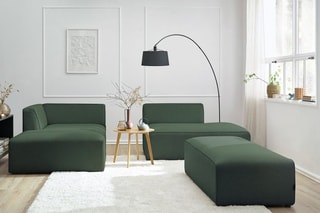 Canapé d'angle gauche modulable avec 1 pouf Megève - Vert - 6 places
