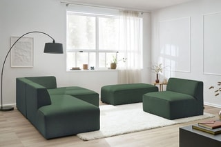 Canapé d'angle droit modulable avec 1 chauffeuse et 1 pouf Megève - Vert - 6 Places