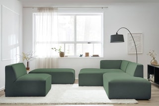 Canapé d'angle gauche modulable avec 1 chauffeuse et 1 pouf Megève - Vert - 6 places