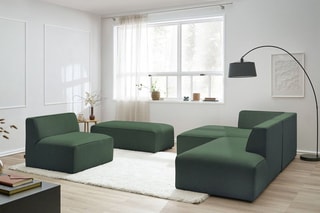 Canapé d'angle gauche modulable avec 1 chauffeuse et 1 pouf Megève - Vert - 6 places