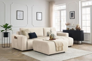 Canapé d'angle réversible convertible avec pouf Arsene - Beige - Couchage 135 x 232 cm