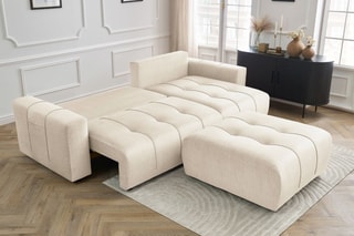 Canapé d'angle réversible convertible avec pouf Arsene - Beige - Couchage 135 x 232 cm