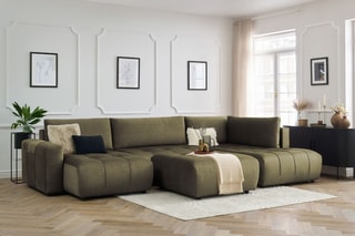 Canapé d'angle gauche panoramique convertible avec pouf Arsene - Vert - Couchage 135 x 325 cm