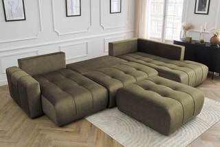 Canapé d'angle gauche panoramique convertible avec pouf Arsene - Vert - Couchage 135 x 325 cm