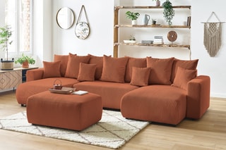 Canapé d'angle gauche panoramique convertible et pouf Envy - Terracota - Couchage 330 x 139 cm