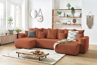 Canapé d'angle gauche panoramique convertible et pouf Envy - Terracota - Couchage 330 x 139 cm