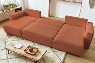 Canapé d'angle gauche panoramique convertible et pouf Envy - Terracota - Couchage 330 x 139 cm