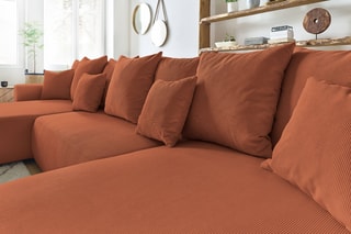Canapé d'angle gauche panoramique convertible et pouf Envy - Terracota - Couchage 330 x 139 cm
