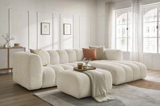 Canapé d’angle droit et pouf Talia - Beige - 4 places - En tissu bouclette