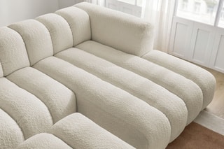 Canapé d’angle droit et pouf Talia - Beige - 4 places - En tissu bouclette