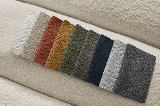 Canapé d’angle droit et pouf Talia - Beige - 4 places - En tissu bouclette